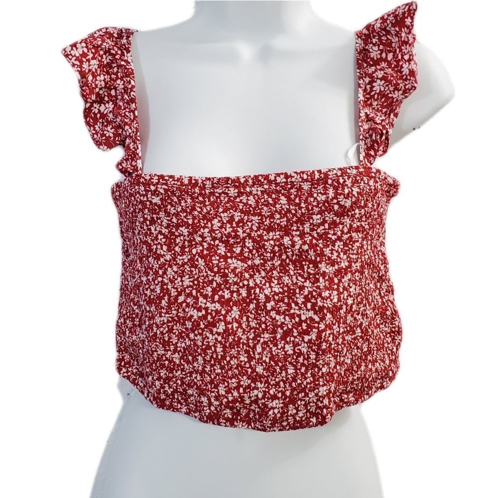 5x$25 Aakaa red floral  summer smocked ruffle straps top size Medium - Picture 2 of 8